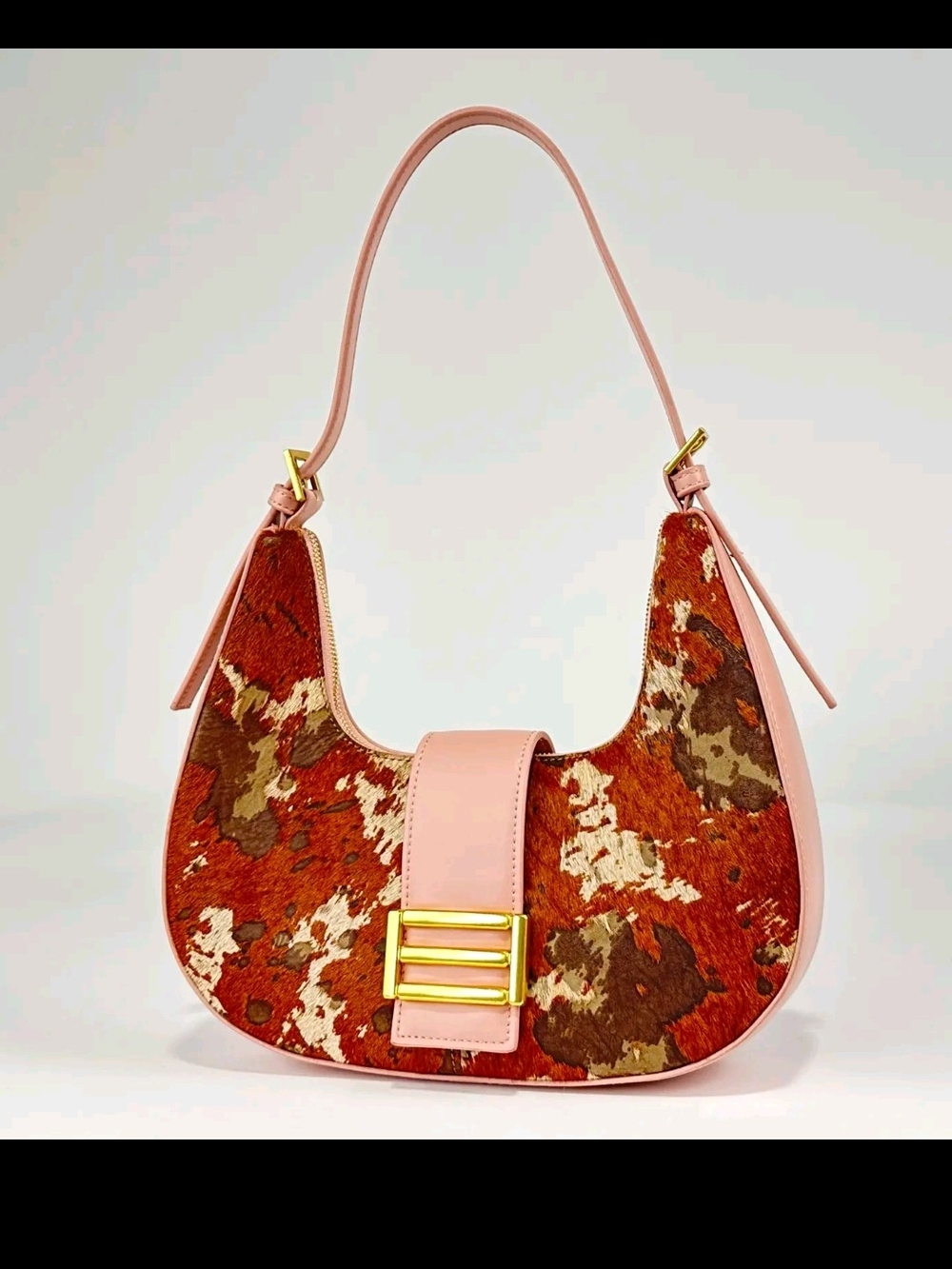 Pink Trim Cowhide Hobo Bag with Gold Accent